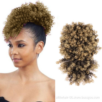 Soft Brown Black Short Afro Kinky Curly Chignon Bun With Bangs Drawstring Ponytail Puff Hair Pieces Synthetic Hair Extensions